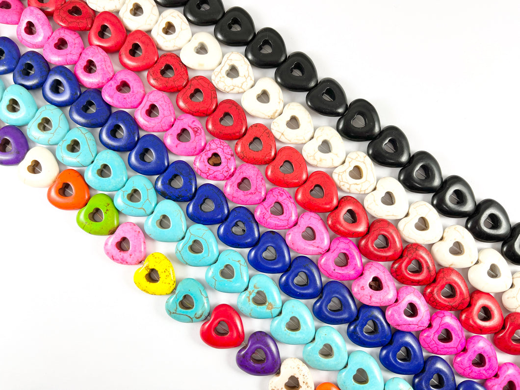 20mm Valentine's Day Hollow Heart Howlite Beads Available in Black, White, Red, Pink, Dark Blue, Turquoise and Multicolor Around 15