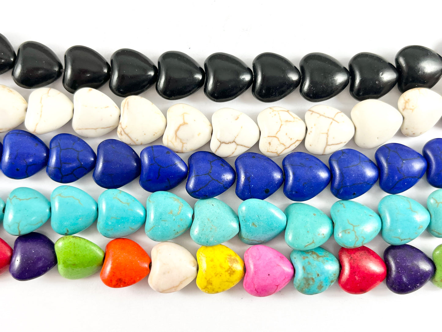 12mm Valentine's Day Heart Shape Howlite Beads Available in Black, White, Dark Blue, Turquoise and Multicolor Around 15"