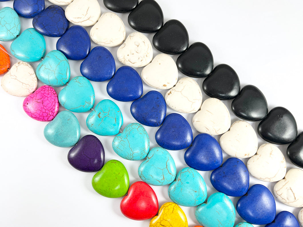 30mm Valentine's Day Heart Shape Howlite Beads Available in Black, White, Dark Blue, Turquoise and Multicolor Around 15