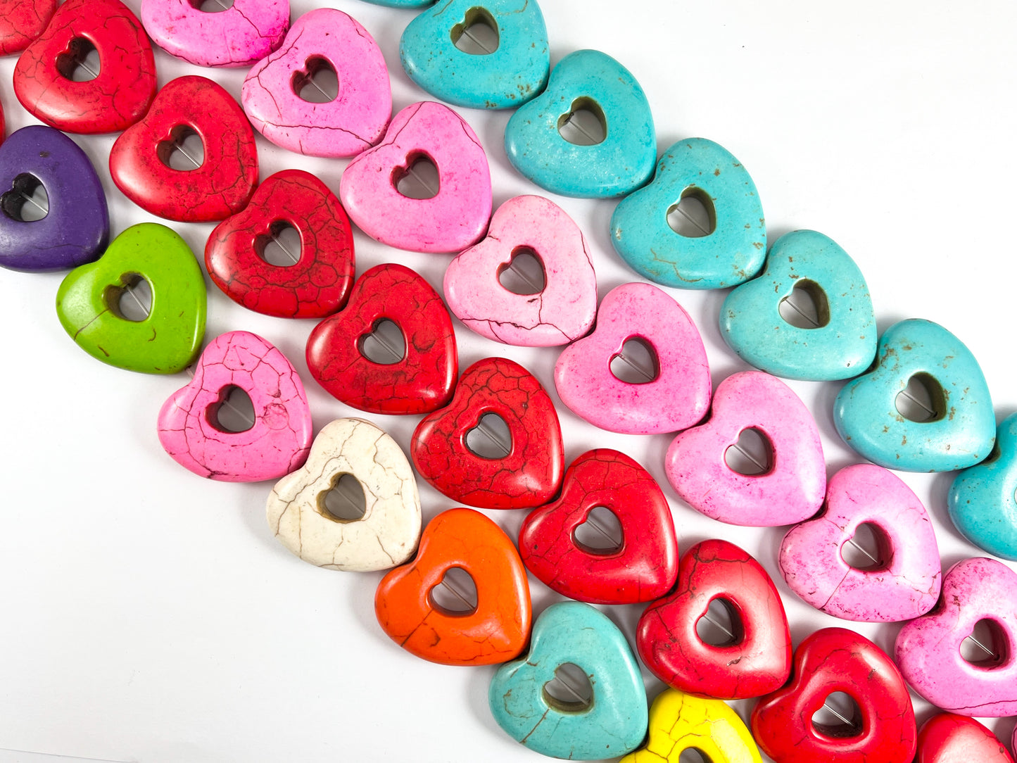 35mm Valentine's Day Hollow Heart Howlite Beads Available in Black, White, Red, Pink, Turquoise and Multicolor Around 15"