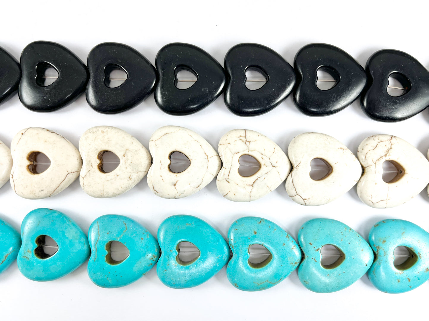 35mm Valentine's Day Hollow Heart Howlite Beads Available in Black, White, Red, Pink, Turquoise and Multicolor Around 15"