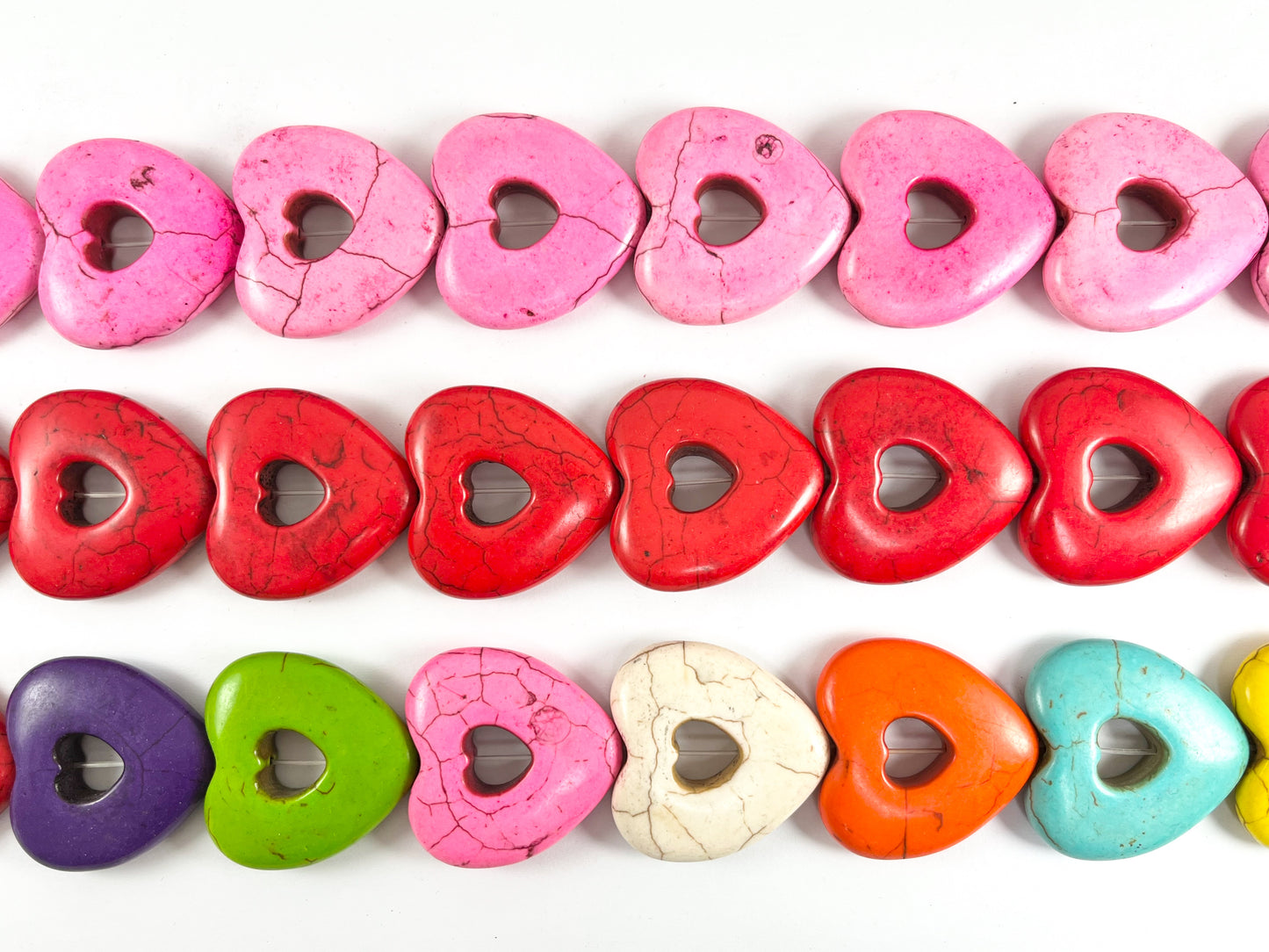 35mm Valentine's Day Hollow Heart Howlite Beads Available in Black, White, Red, Pink, Turquoise and Multicolor Around 15"