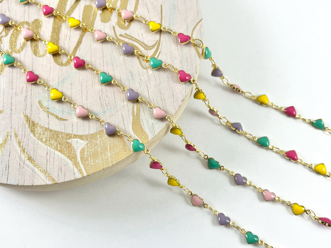 18K Gold Plated Brass Dainty Multicolor Enamel Heart Chain for Valentine's Day Necklaces and Bracelets Making