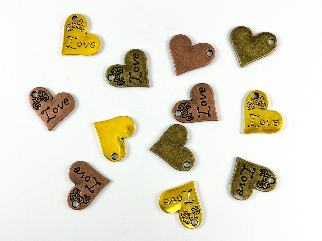 Pewter Heart Pendants Valentine's Day Heart Charms with LOVE Carved in Gold, Copper and Bronze Color