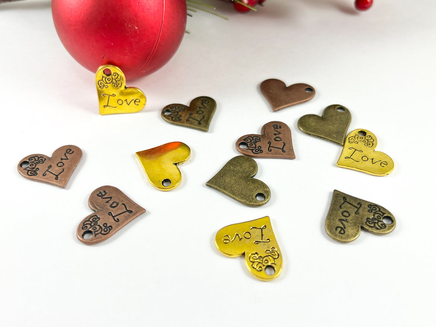 Pewter Heart Pendants Valentine's Day Heart Charms with LOVE Carved in Gold, Copper and Bronze Color