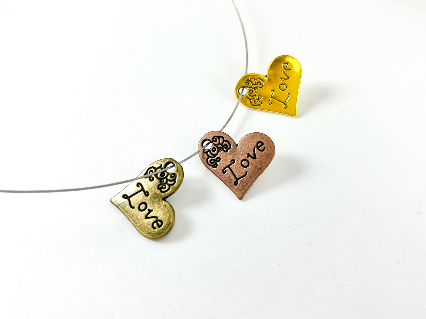 Pewter Heart Pendants Valentine's Day Heart Charms with LOVE Carved in Gold, Copper and Bronze Color