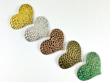 Load image into Gallery viewer, Pewter Heart Connectors Curved Hammered Valentine&#39;s Day Heart Pendants in Gold, Silver, Copper, Bronze and Patina Color
