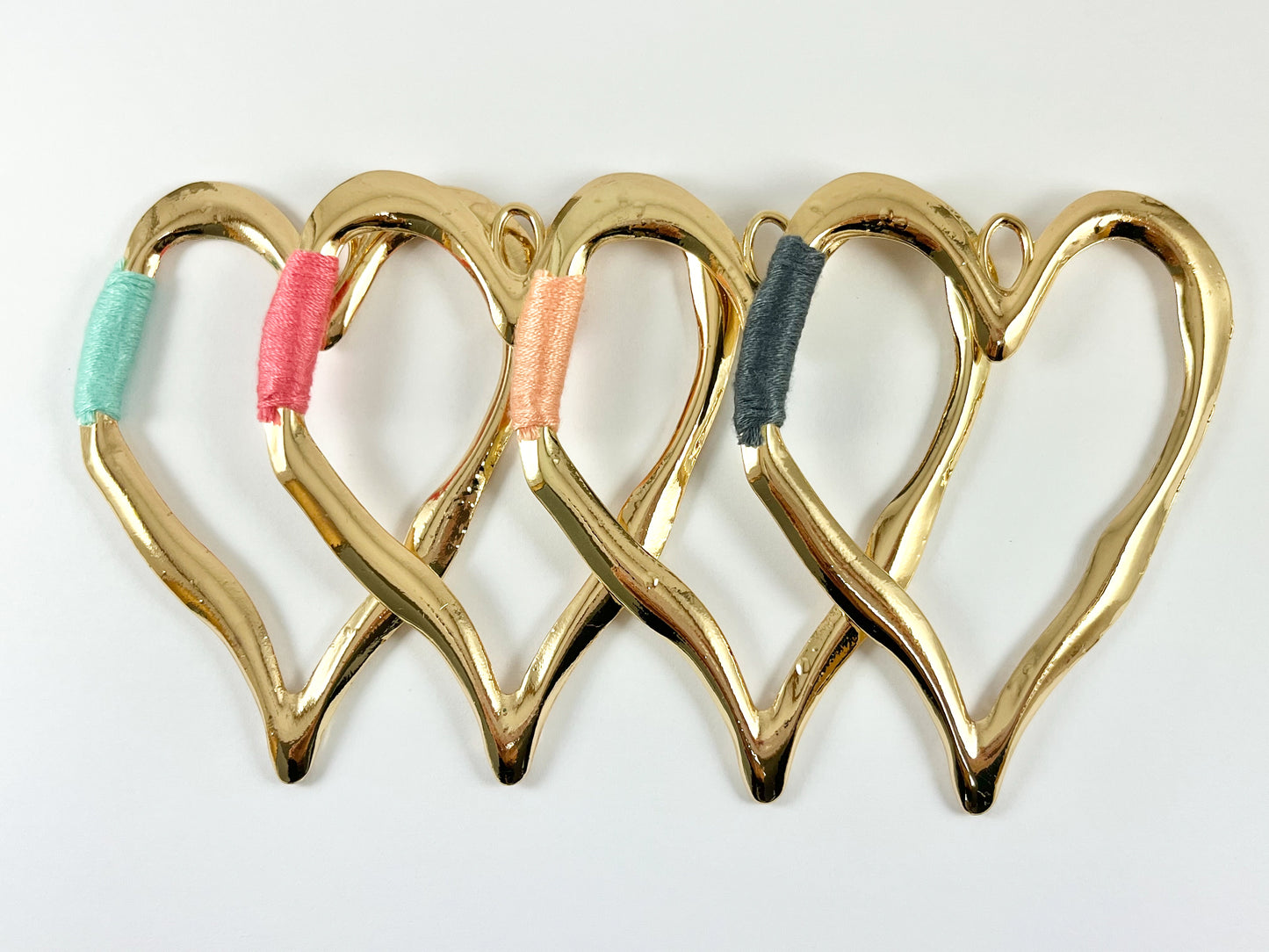 Pewter Heart Pendants Valentine's Day Large Heart Charms with Aqua, Pink, Peach and Dark Blue Color Thread