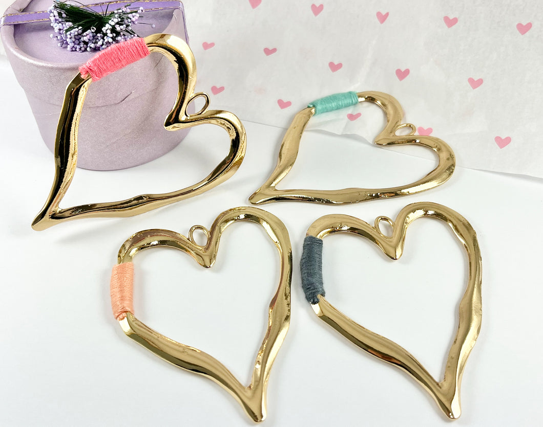 Pewter Heart Pendants Valentine's Day Large Heart Charms with Aqua, Pink, Peach and Dark Blue Color Thread