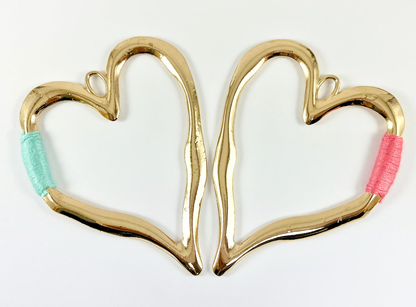 Pewter Heart Pendants Valentine's Day Large Heart Charms with Aqua, Pink, Peach and Dark Blue Color Thread