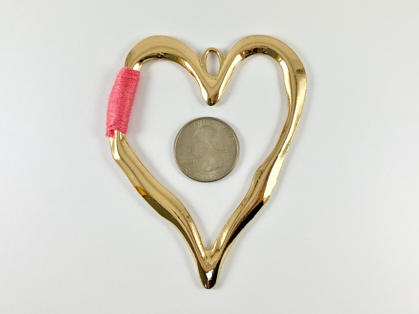 Pewter Heart Pendants Valentine's Day Large Heart Charms with Aqua, Pink, Peach and Dark Blue Color Thread