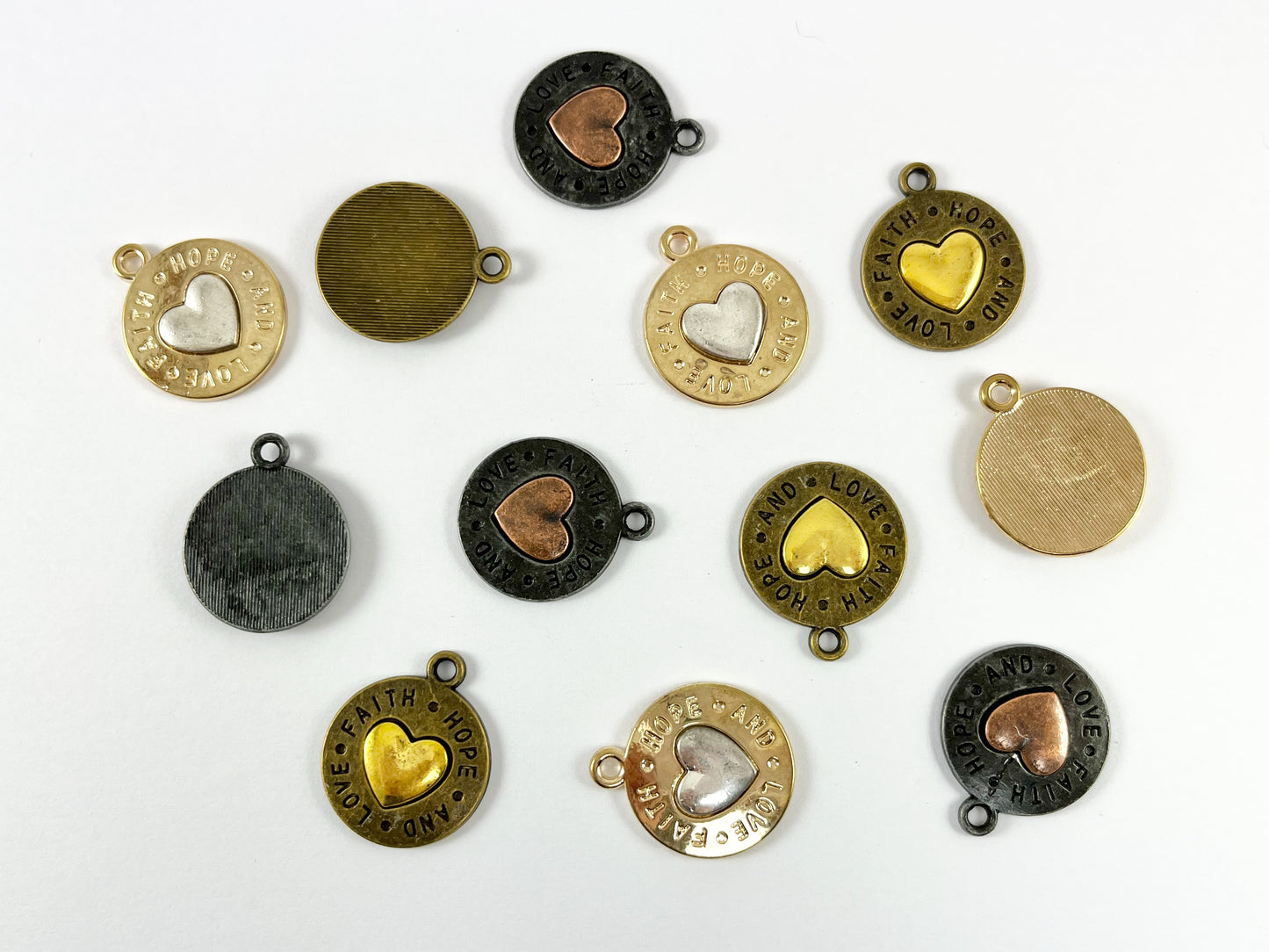 Pewter 2 Colored Heart Pendants Valentine's Day Coin Shape "Hope Faith and Love" Heart Charms in Gold, Bronze and Gunmetal Color