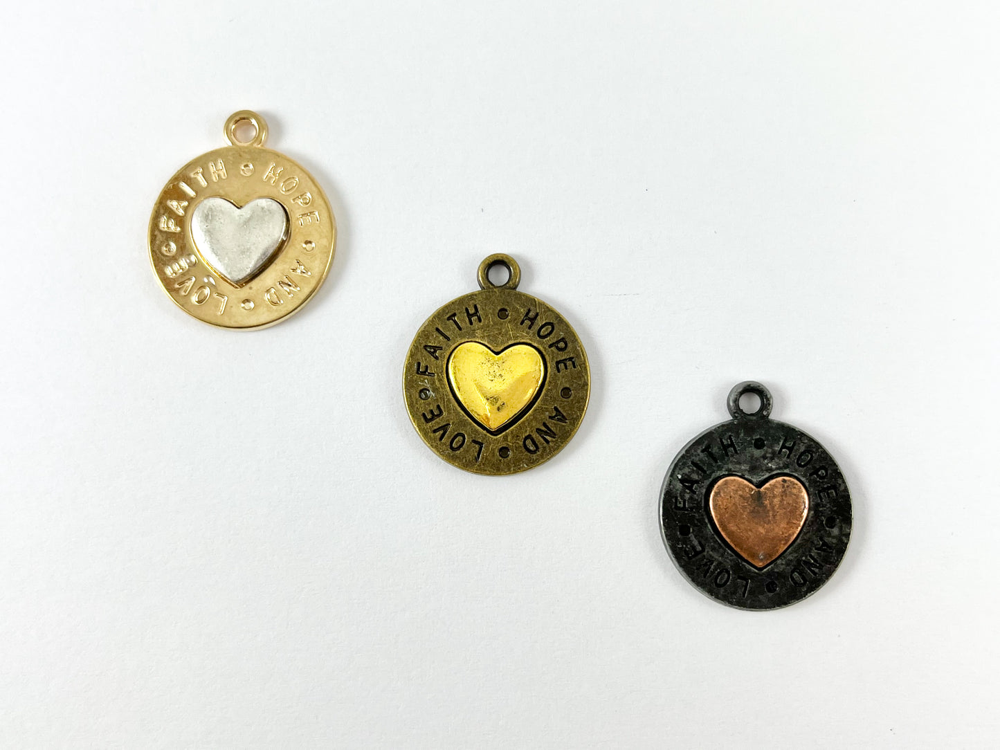 Pewter 2 Colored Heart Pendants Valentine's Day Coin Shape "Hope Faith and Love" Heart Charms in Gold, Bronze and Gunmetal Color