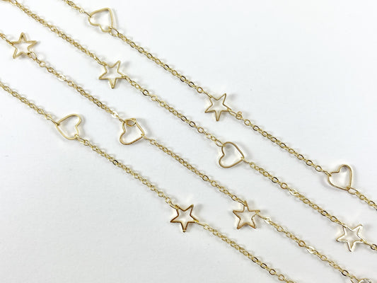 Minimalist Heart & Star Chain | 18K Gold Plated Brass Dainty Hollow Chain for Necklace and Bracelet Making Valentine's Day