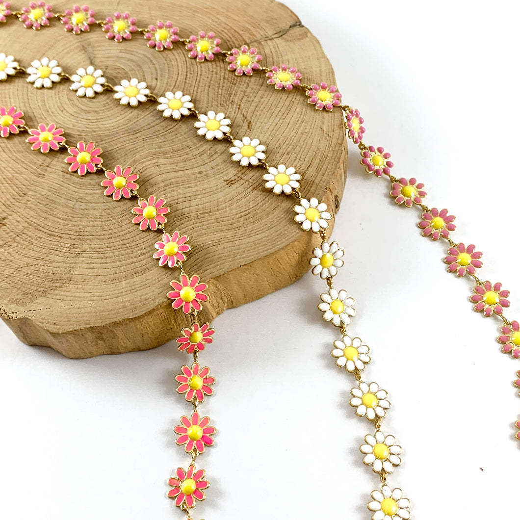 18K Gold Plated Enamel Plated Copper Daisy Flower Chain -1 spool