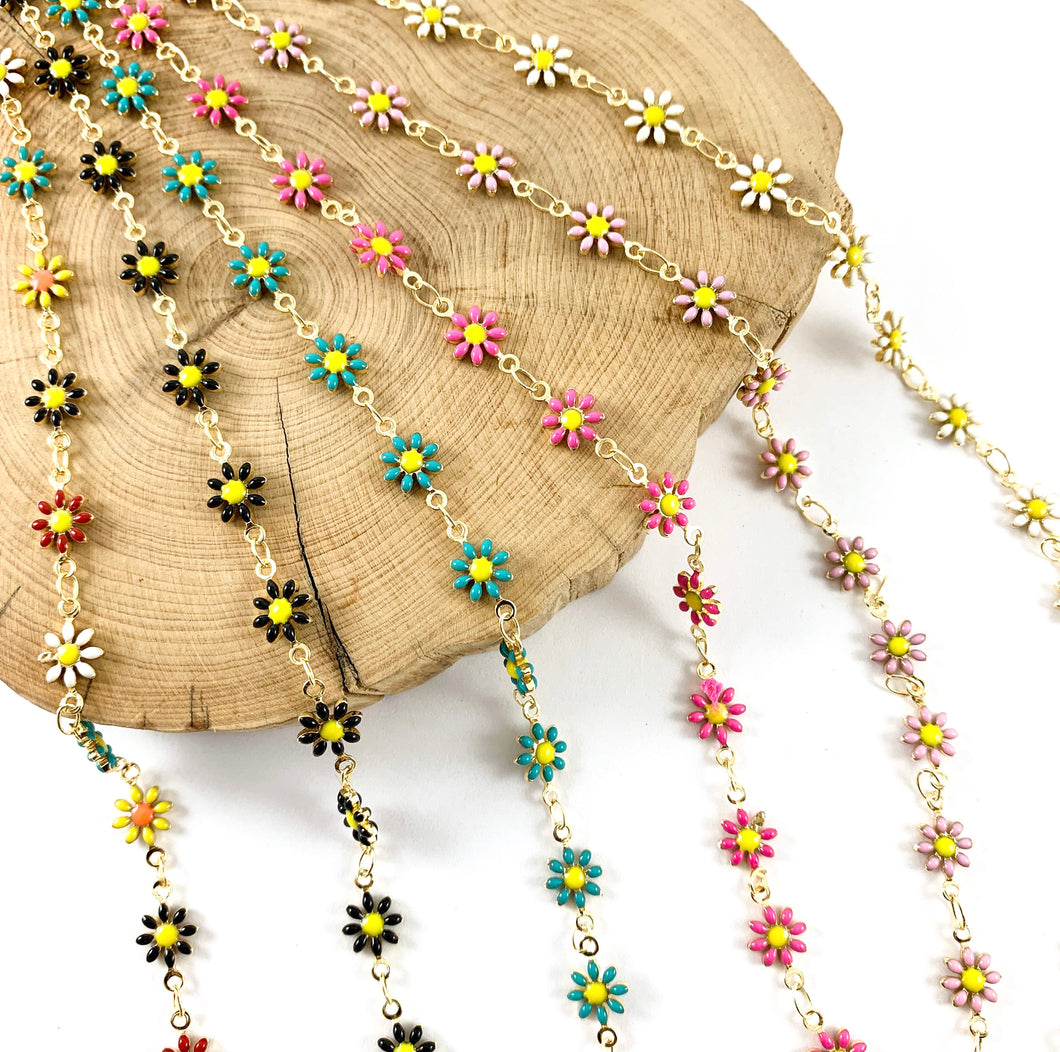 18K Gold Plated Enamel Plated Copper Daisy Flower Chain- 1 spool