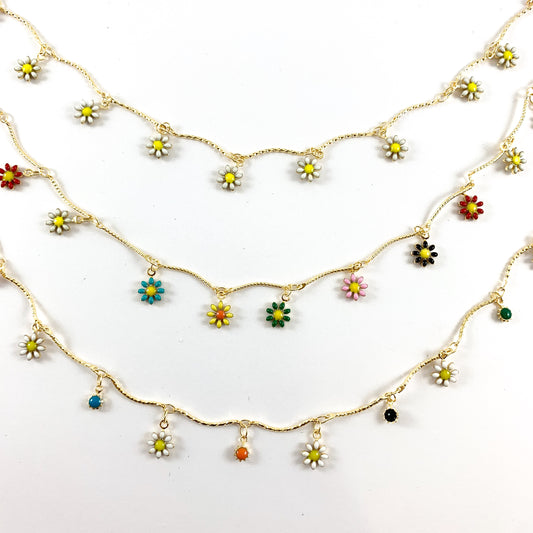18K Gold Plated Enamel Plated Copper Daisy Flower Dangle Chain- 1 spool