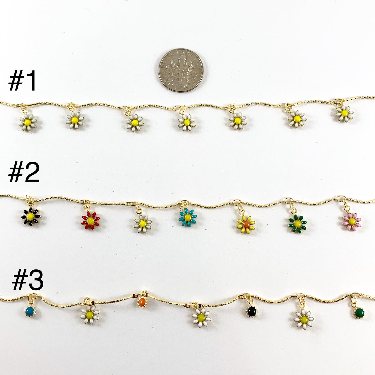 18K Gold Plated Enamel Plated Copper Daisy Flower Dangle Chain- 1 spool