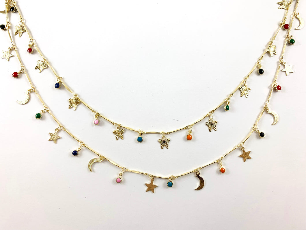 18K Gold Plated with Enamel Dot Dangle Butterfly/ Moon Crescent/ Star Chain