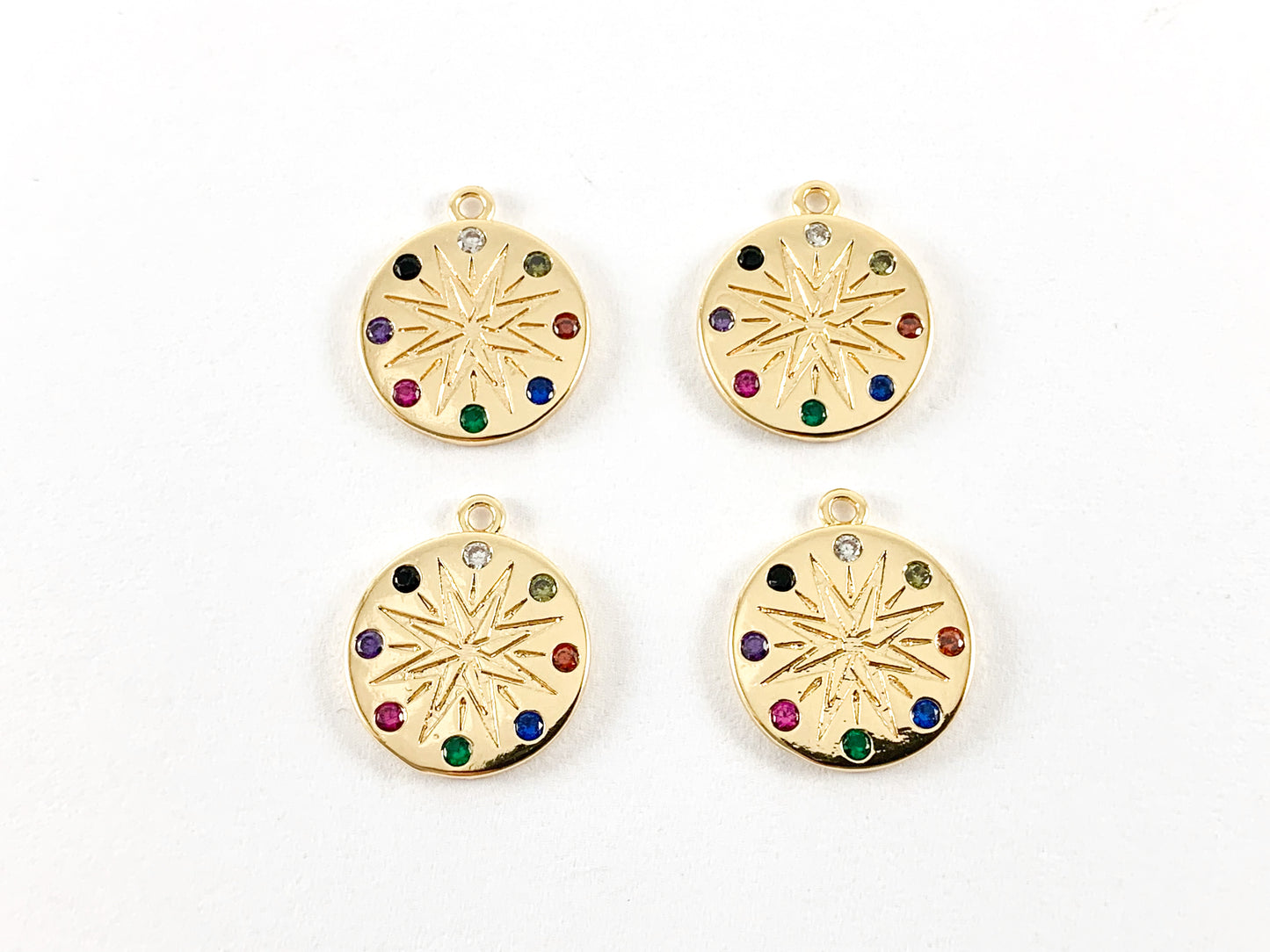 18K Gold Plated CZ Pave Colorful Star Coin-Shaped Rhinestone Pendant 6PCS