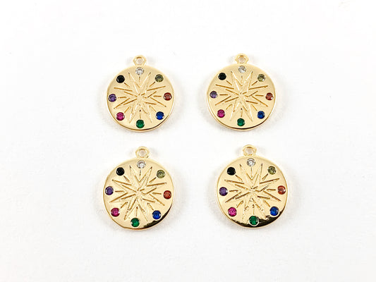 18K Gold Plated CZ Pave Colorful Star Coin-Shaped Rhinestone Pendant 6PCS