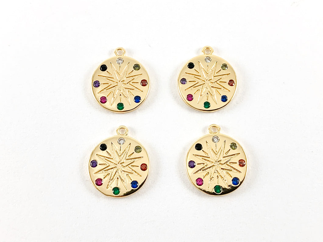 18K Gold Plated CZ Pave Colorful Star Coin-Shaped Rhinestone Pendant 6PCS