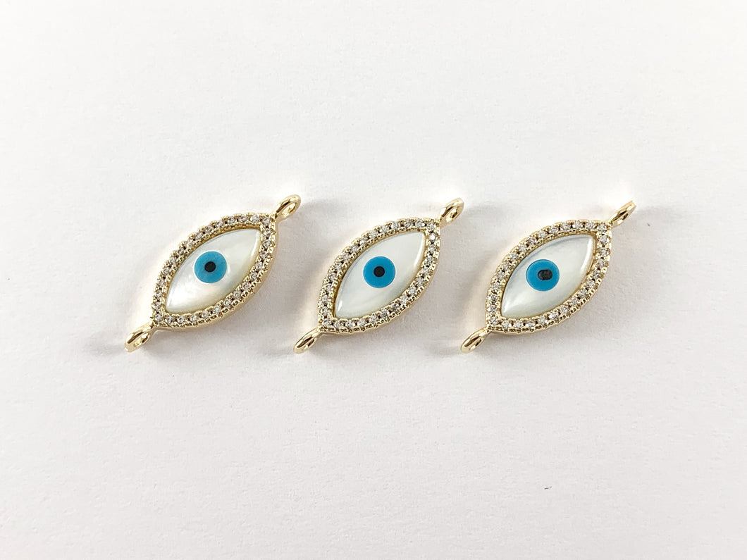 Real 18K Gold Plated CZ Pave Evil Eye Connector with White Lip Shell 4PCS