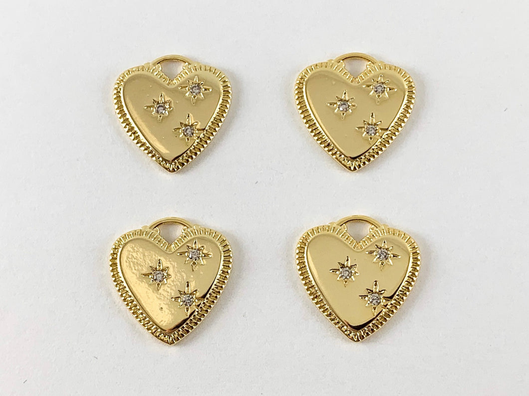 Real Gold 18K Plated Micro CZ Star Burst Heart Pave Charm Over Brass 6pc