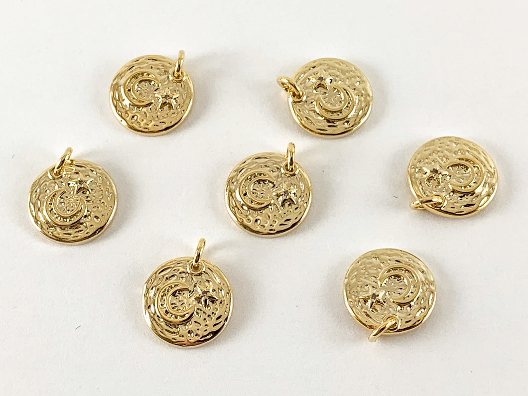 Real Gold 18K Plated Micro CZ Moon Crescent & Star Coin Pave Charm Over Brass 8pc