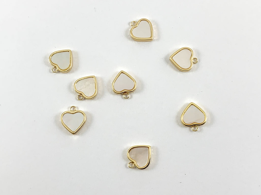 Real Gold 18K Plated Mother of Pearl Heart Pendant Charm Over Brass 8PCS