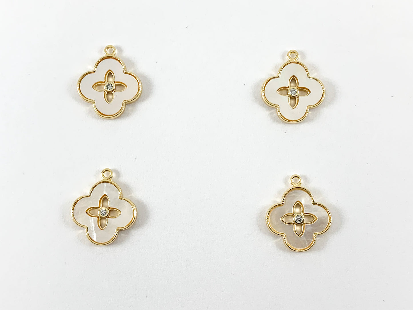 Real Gold 18K Plated Mother of Pearl Clover Quatrefoil Pendant Charm Over Brass 6PCS