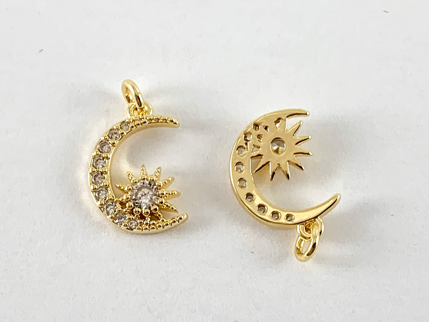 Real Gold 18K Plated Micro CZ Moon Crescent/Star Burst Pave Charm Over Brass 6PCS