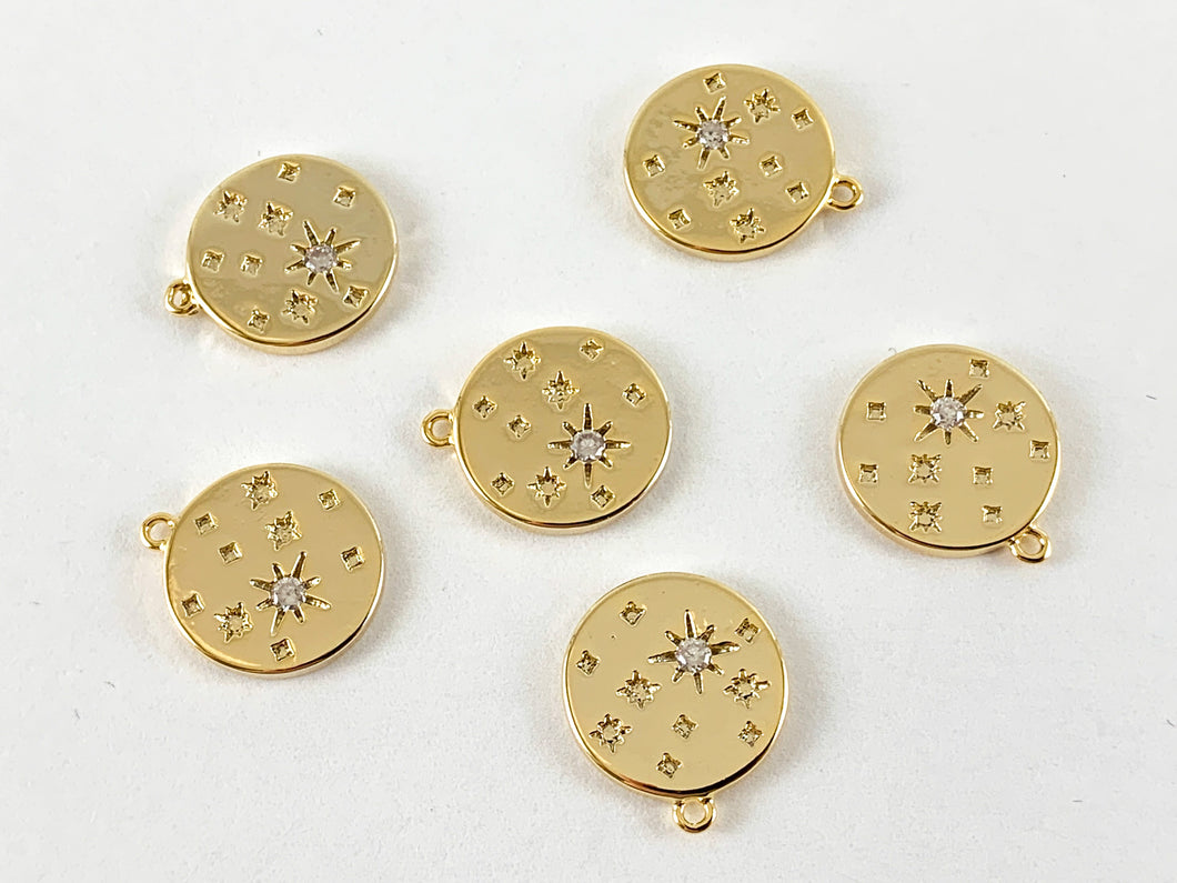 Real Gold 18K Plated Micro CZ Star Coin Pave Charm Over Brass 6pc