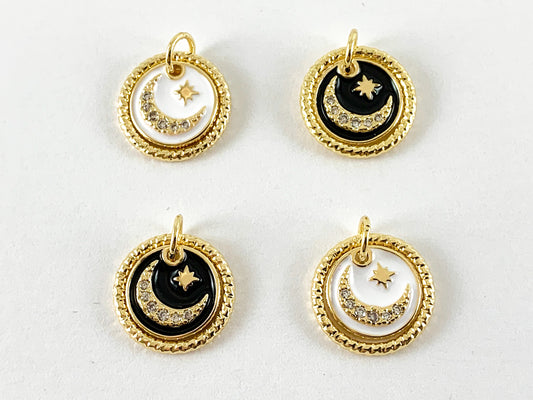 Real Gold 18K Plated Micro CZ Moon Crescent/Star Burst Dangle Enamel Coin Pave Charm Over Brass 6pc