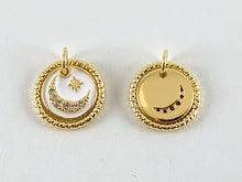 Load image into Gallery viewer, Real Gold 18K Plated Micro CZ Moon Crescent/Star Burst Dangle Enamel Coin Pave Charm Over Brass 6pc
