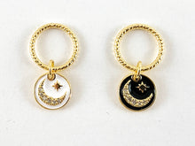 Load image into Gallery viewer, Real Gold 18K Plated Micro CZ Moon Crescent/Star Burst Dangle Enamel Coin Pave Charm Over Brass 6pc
