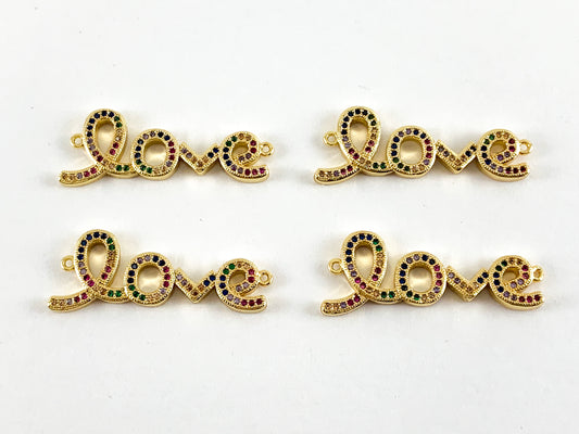 Real Gold 18K Plated Micro CZ Multicolor LOVE letter Pave connector Over Brass 4PCS
