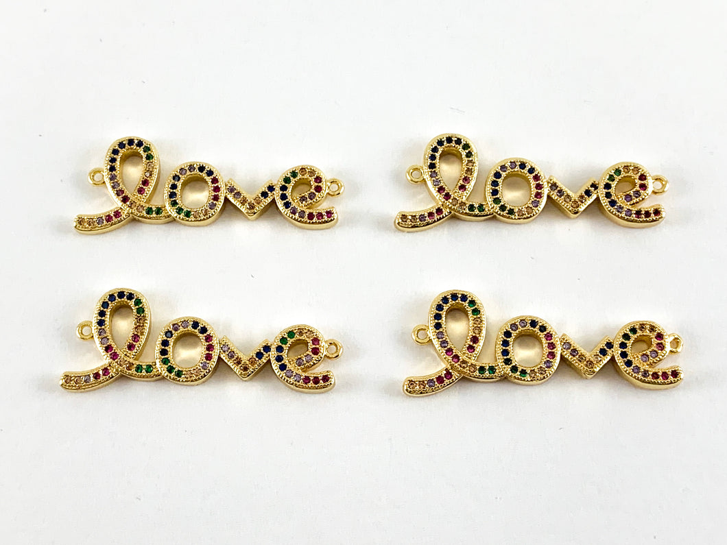 Real Gold 18K Plated Micro CZ Multicolor LOVE letter Pave connector Over Brass 4PCS