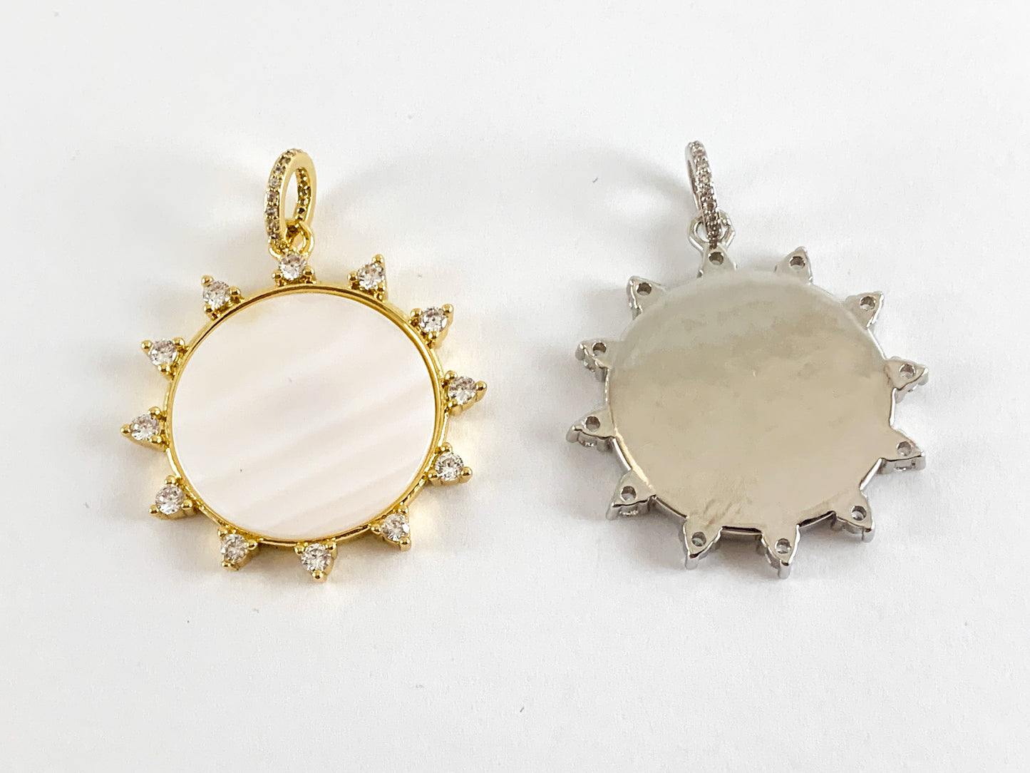 Real Gold Plated 18K Micro CZ Pave Sun Burst/Coin Charm Over Brass with Shell 4PCS