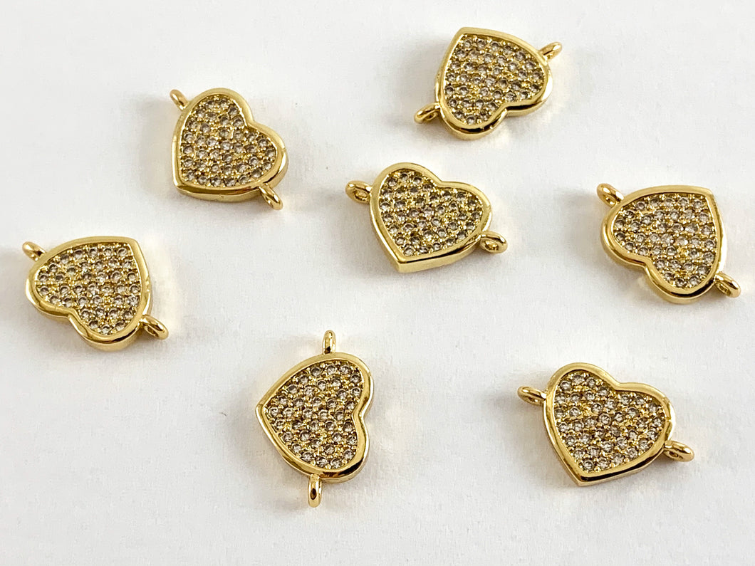 Real Gold 18K Plated Micro CZ Heart Pave Connector Over Brass 10PCS