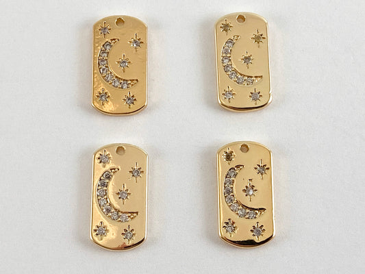 Real Gold 18K Plated Micro CZ Moon & Stars Tag Pave Charm Over Brass 6PCS