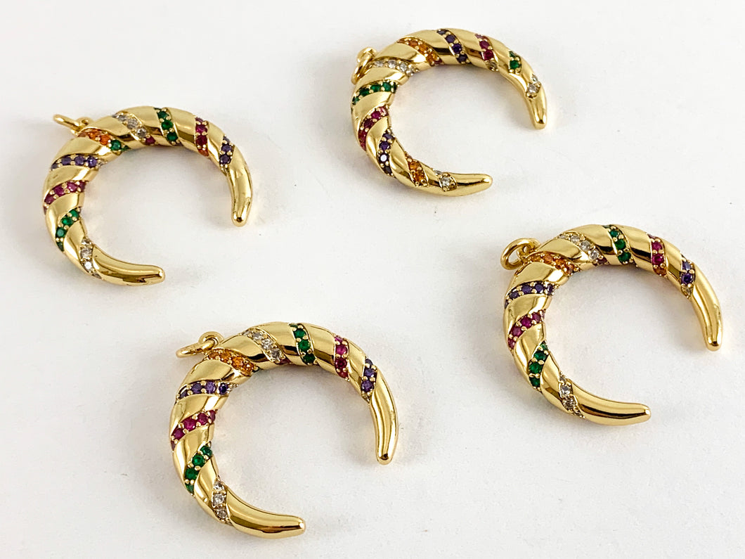 Real Gold 18K Plated Micro CZ Multicolor Moon Crescent/ Horn Pave Charm Over Brass 4PCS