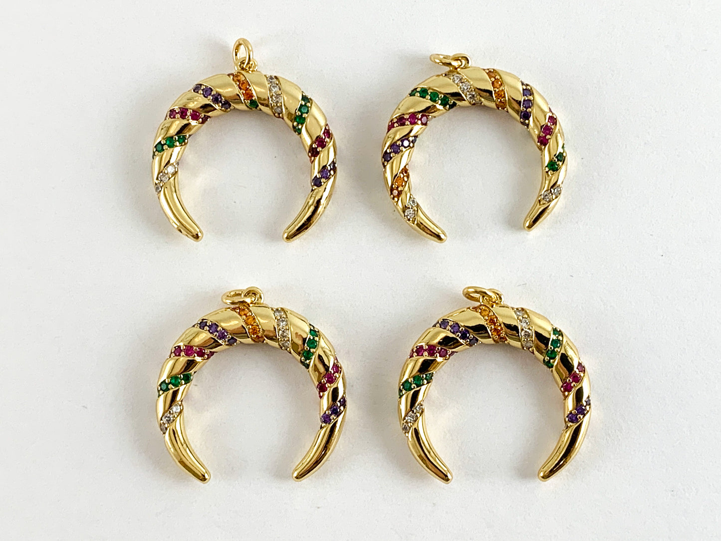 Real Gold 18K Plated Micro CZ Multicolor Moon Crescent/ Horn Pave Charm Over Brass 4PCS