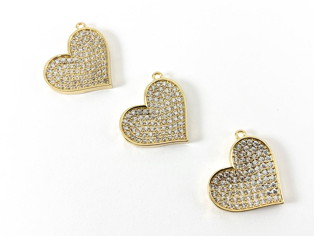 Real Gold 18K Plated Micro CZ Heart Pave Charm Over Brass