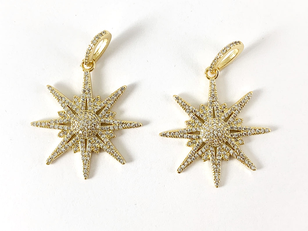 Real Gold Plated 18K Micro CZ Starburst Pave Charm Over Brass 3PCS