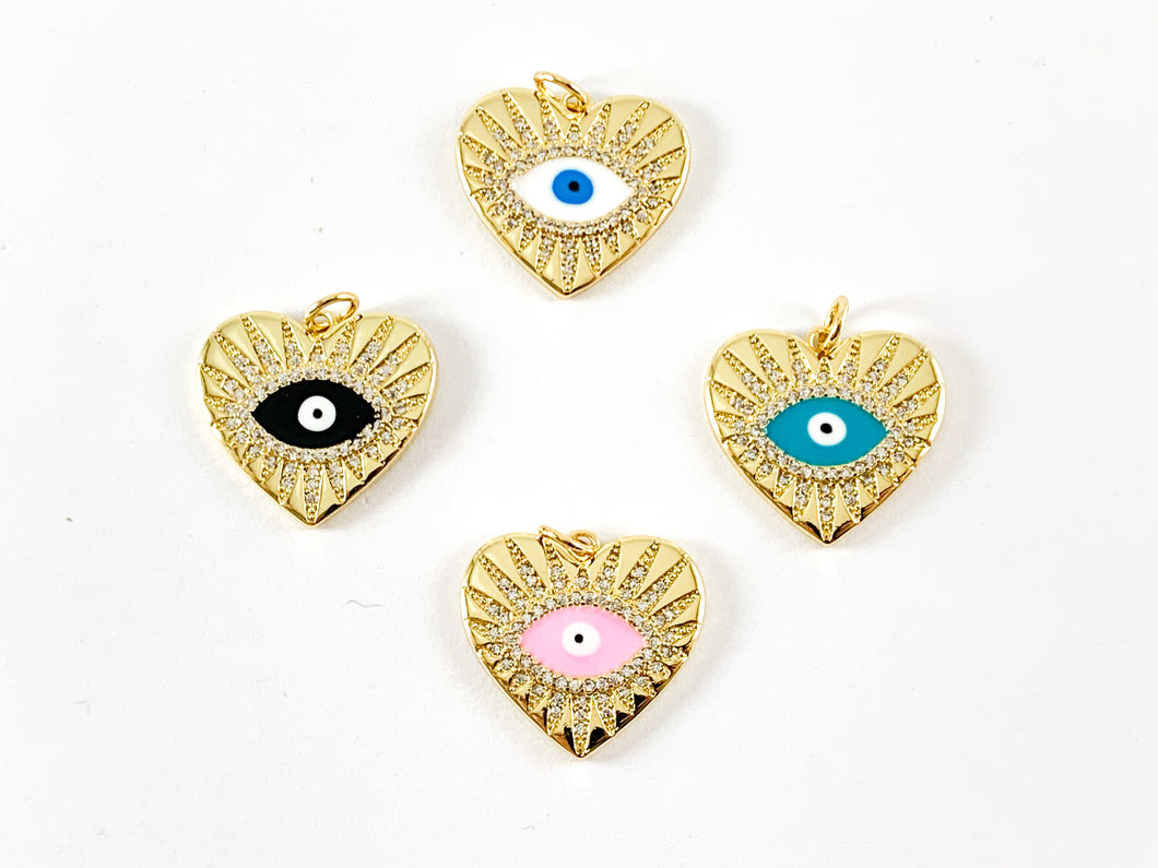 Encantos de esmalte de mal de ojo de corazón chapado en oro real de 18 quilates sobre cobre 5 piezas