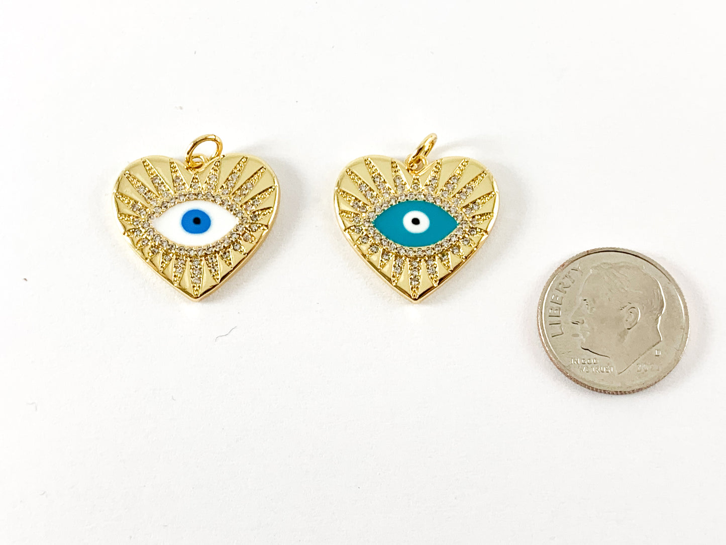 Real 18K Gold Plated Heart Evil Eye Enamel Charms Over Copper 5PCS