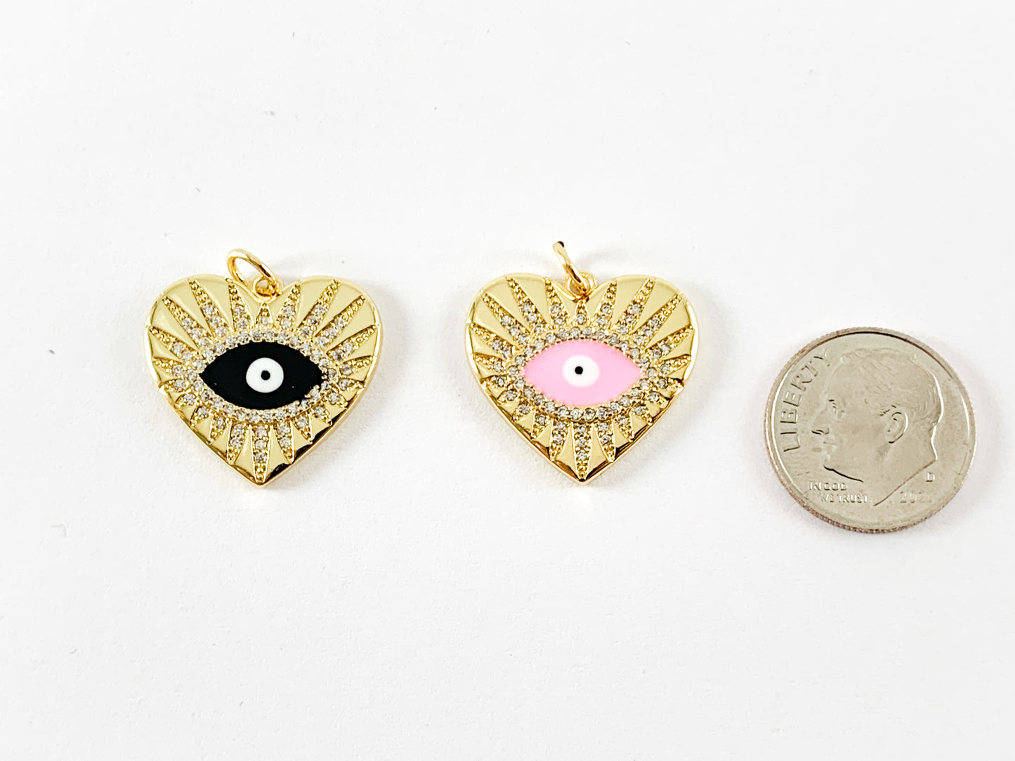 Real 18K Gold Plated Heart Evil Eye Enamel Charms Over Copper 5PCS