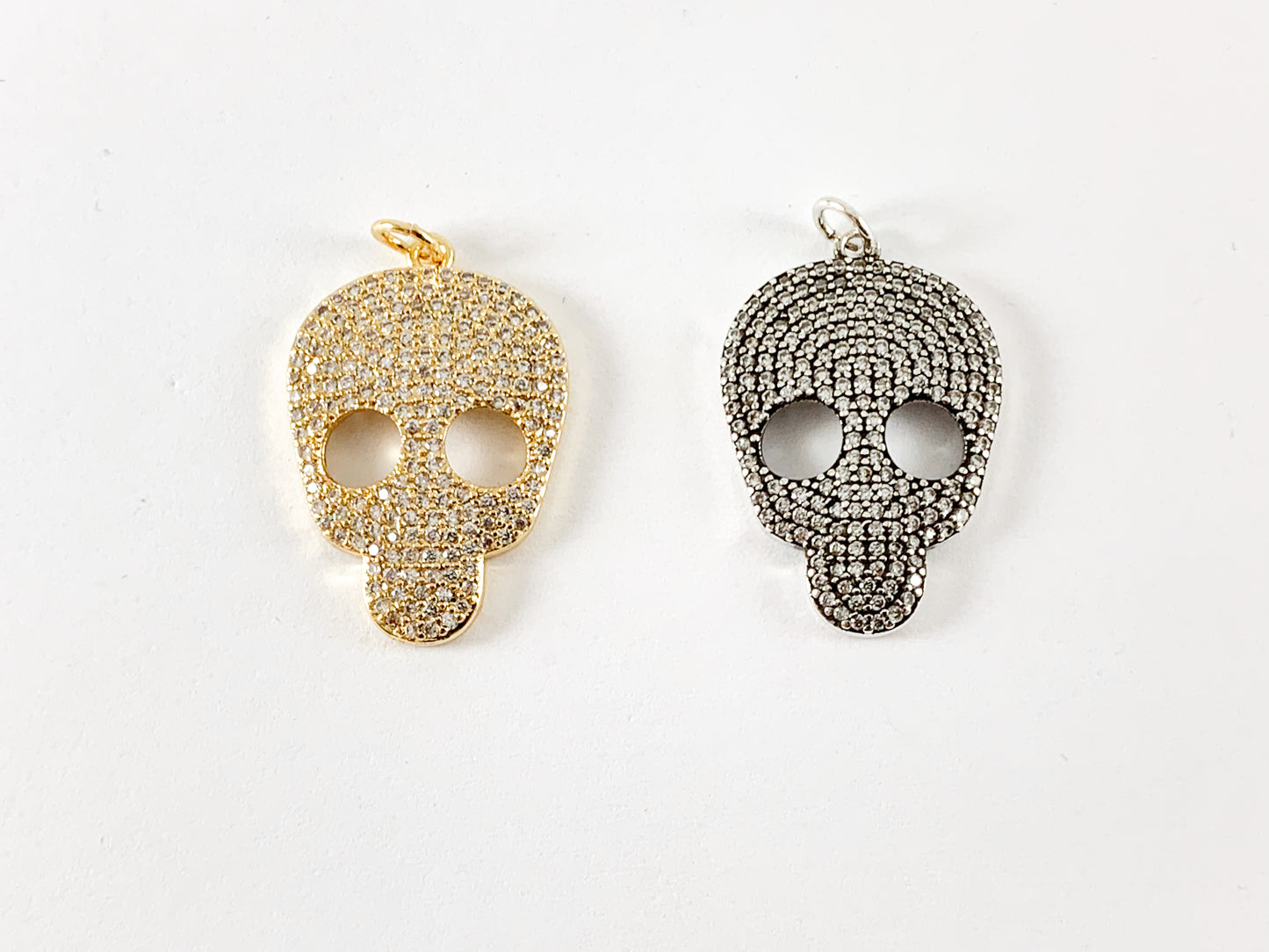 Real Gold 18K/Antique Silver Plated Micro CZ Pave Rhinestone Skull Pendant Charm Over Brass 3pcs