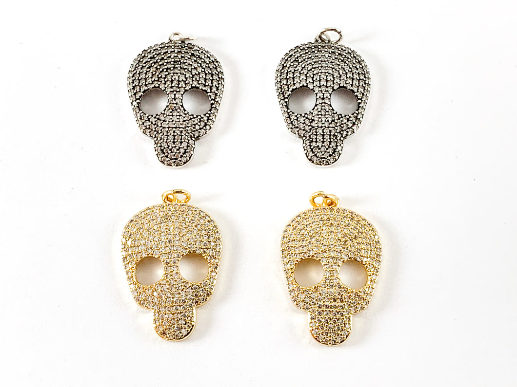 Real Gold 18K/Antique Silver Plated Micro CZ Pave Rhinestone Skull Pendant Charm Over Brass 3pcs